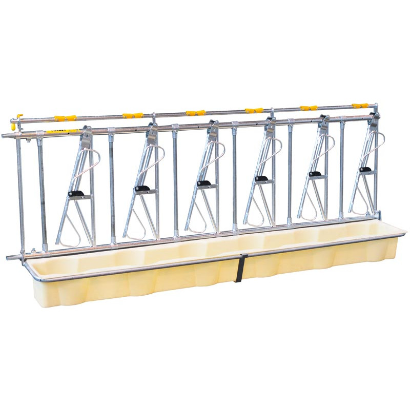 "Junior Comfort SR" calf headlock with resin feed trough with bucket holder "Junior Comfort SR" calf headlock with resin feed trough with bucket holder